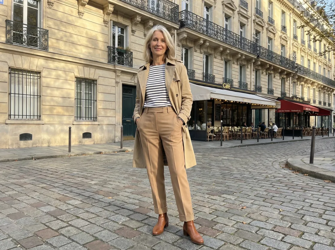Rendu porté de la même tenue par Vestly : marinière, pantalon beige, bottines et trench dans une rue de Paris.