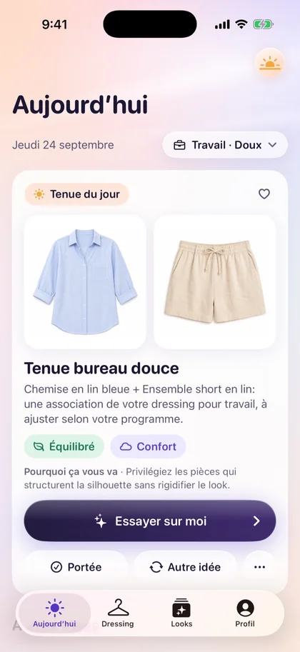 Écran Aujourd’hui de Vestly : tenue du jour composée avec le dressing, selon la météo, et bouton « Essayer sur moi ».