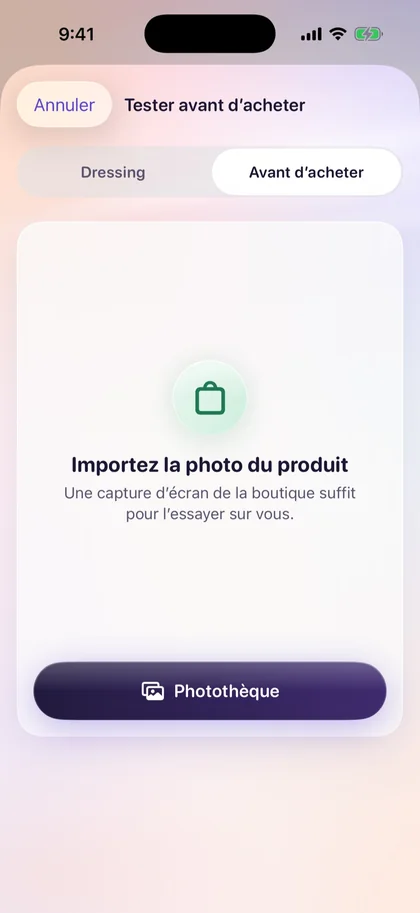 « Tester avant d’acheter » dans Vestly : import de la photo d’un produit vu en ligne pour l’essayer.