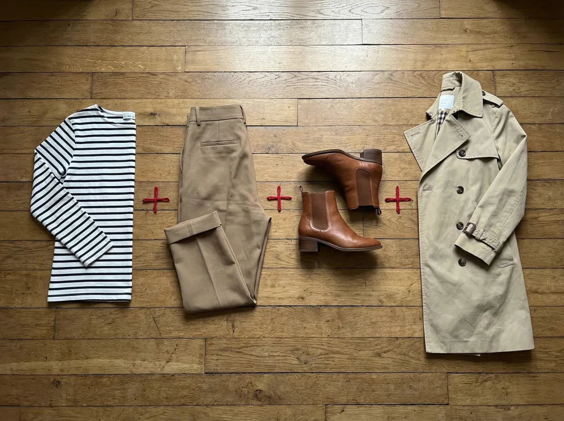 Vêtements posés à plat : marinière, pantalon beige, bottines et trench.