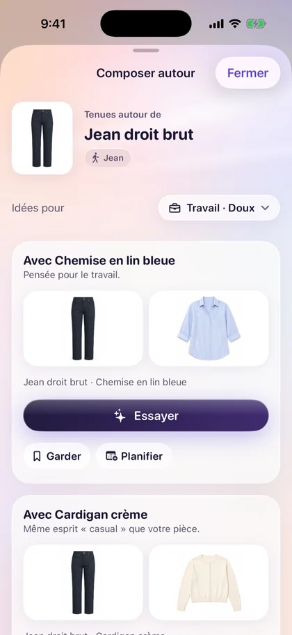 « Composer autour » d’une pièce dans Vestly : plusieurs tenues proposées autour d’un jean.