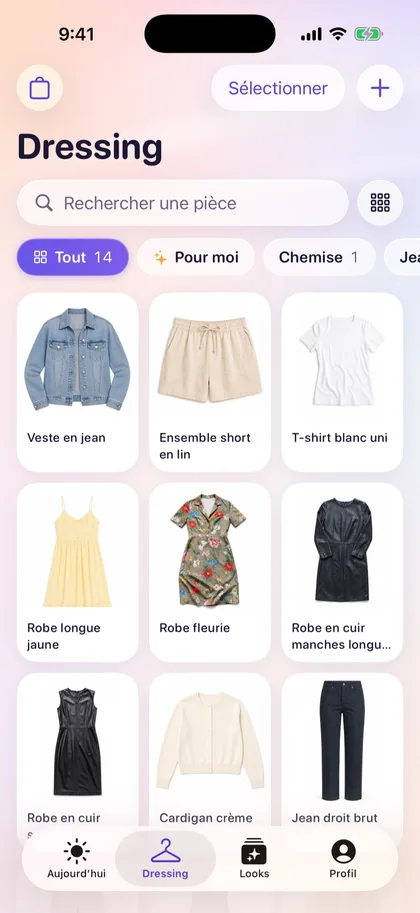 Dressing de Vestly : pièces détourées sur fond blanc, filtrées par catégorie.