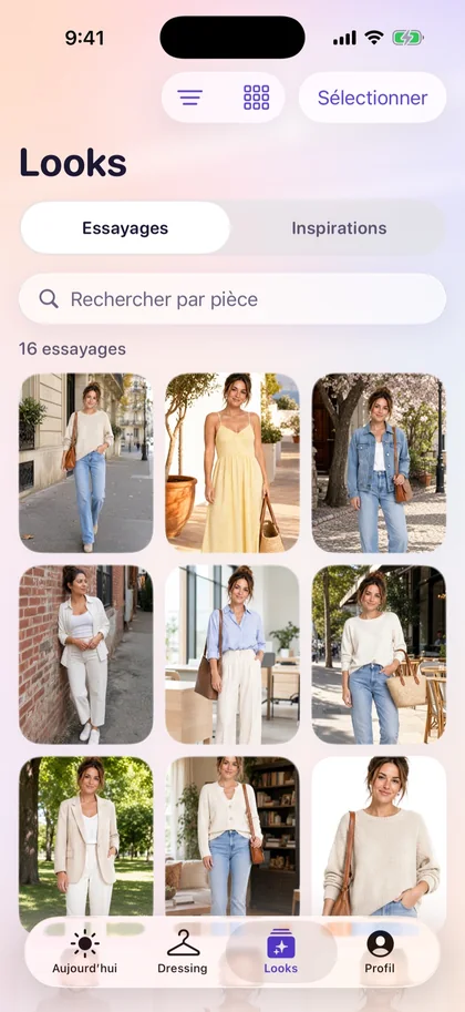 Écran Looks de Vestly : grille des essayages virtuels générés sur la même personne.