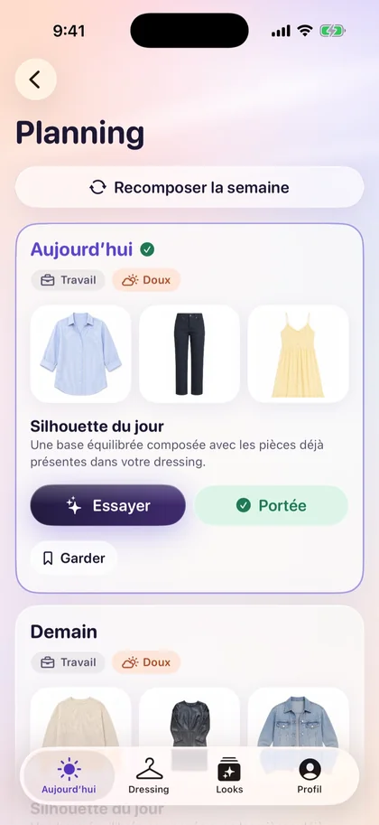 Planning de Vestly : tenues prévues pour aujourd’hui et demain.