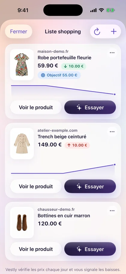 Liste shopping de Vestly : envies suivies avec historique et objectif de prix.