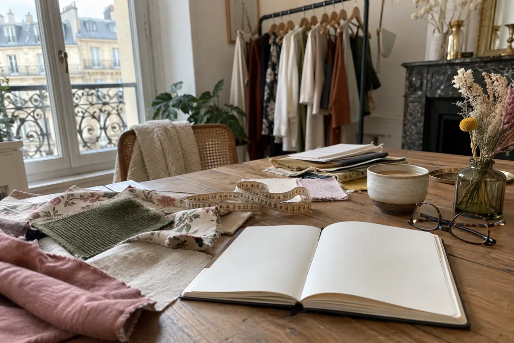 Bureau de la rédaction : échantillons de tissus, mètre ruban, carnet ouvert et portant de vêtements.