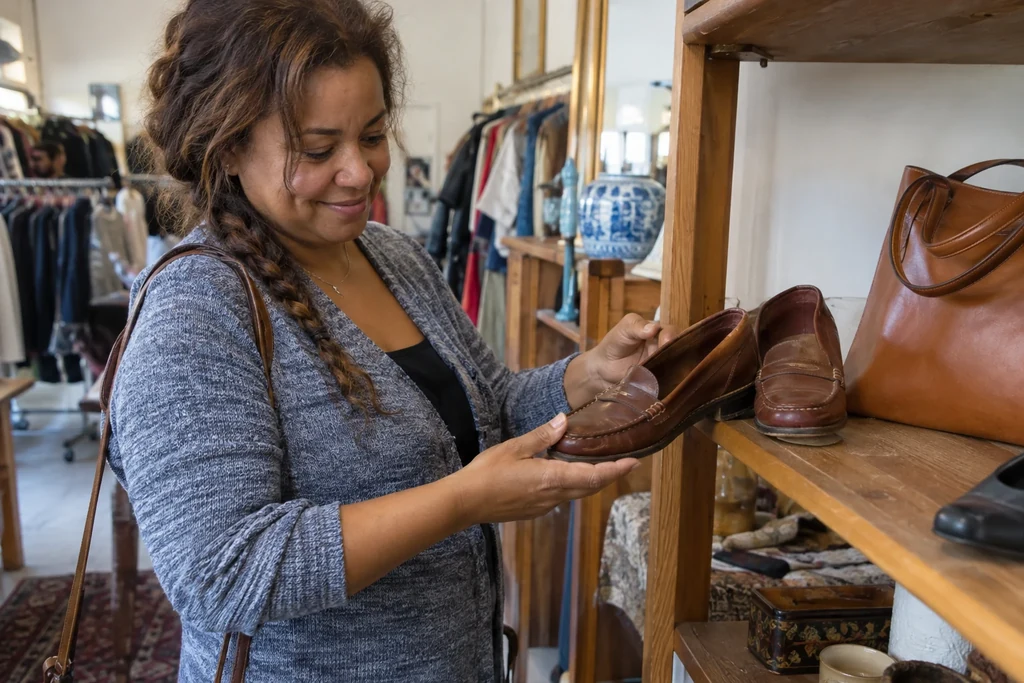 Une femme examine un mocassin près d’un second mocassin et d’un sac patinés sur une étagère.