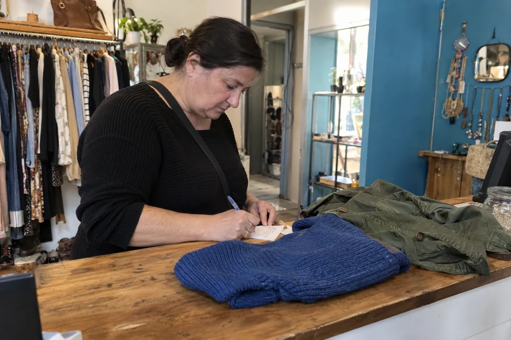 Une femme prend une note près de vêtements posés au comptoir d’une boutique.