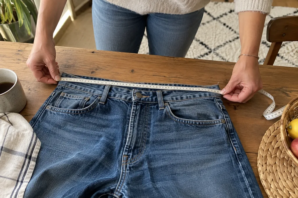 Des mains mesurent la largeur de taille d’un jean posé à plat sur une table en bois avec un mètre ruban.