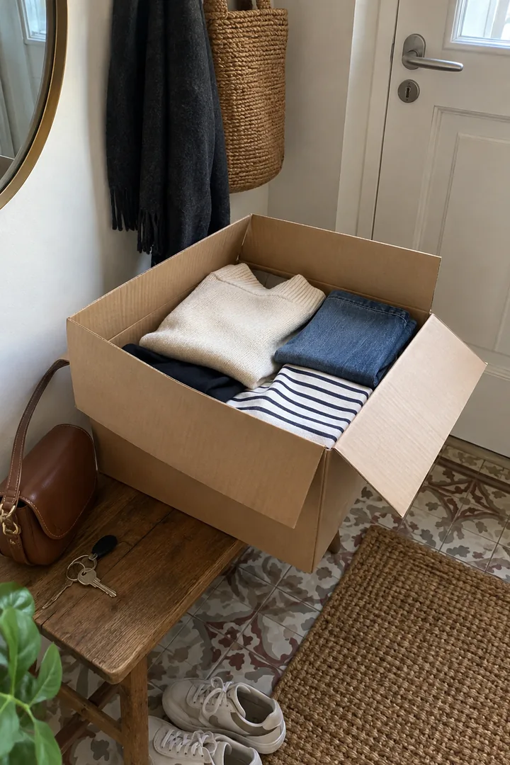 Des vêtements pliés remis dans un carton sans logo pour un retour, posé sur un petit banc près de la porte d’entrée.