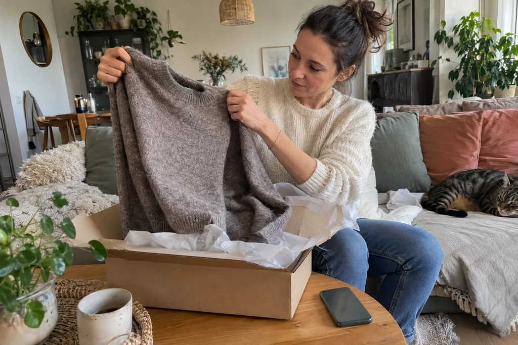 Chez elle, une femme ouvre un colis en carton sans logo et tient devant elle un pull en maille grise pour l’examiner, entourée de papier de soie.