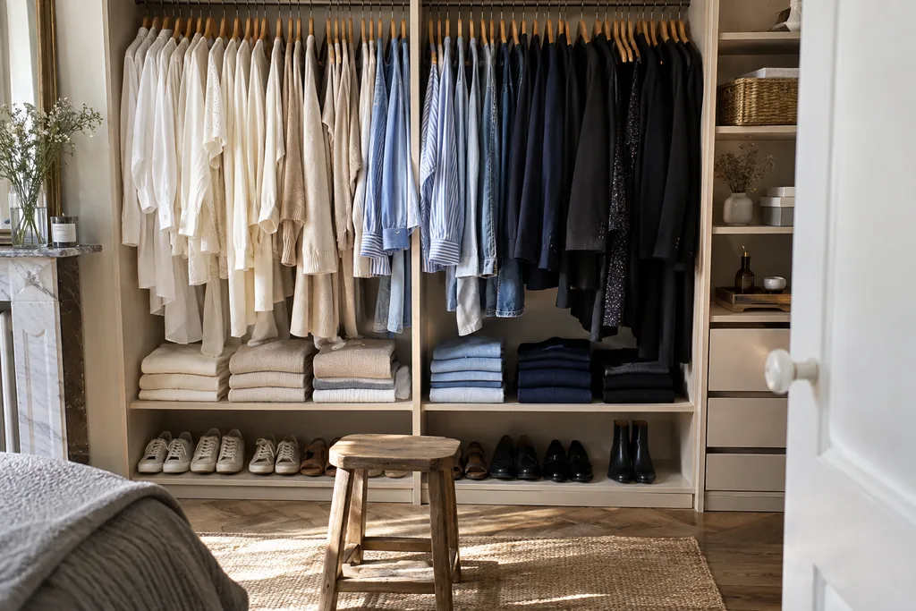 Une armoire ouverte parfaitement rangée : vêtements classés par couleur sur des cintres en bois, mailles pliées sur une étagère, chaussures alignées et petit tabouret.
