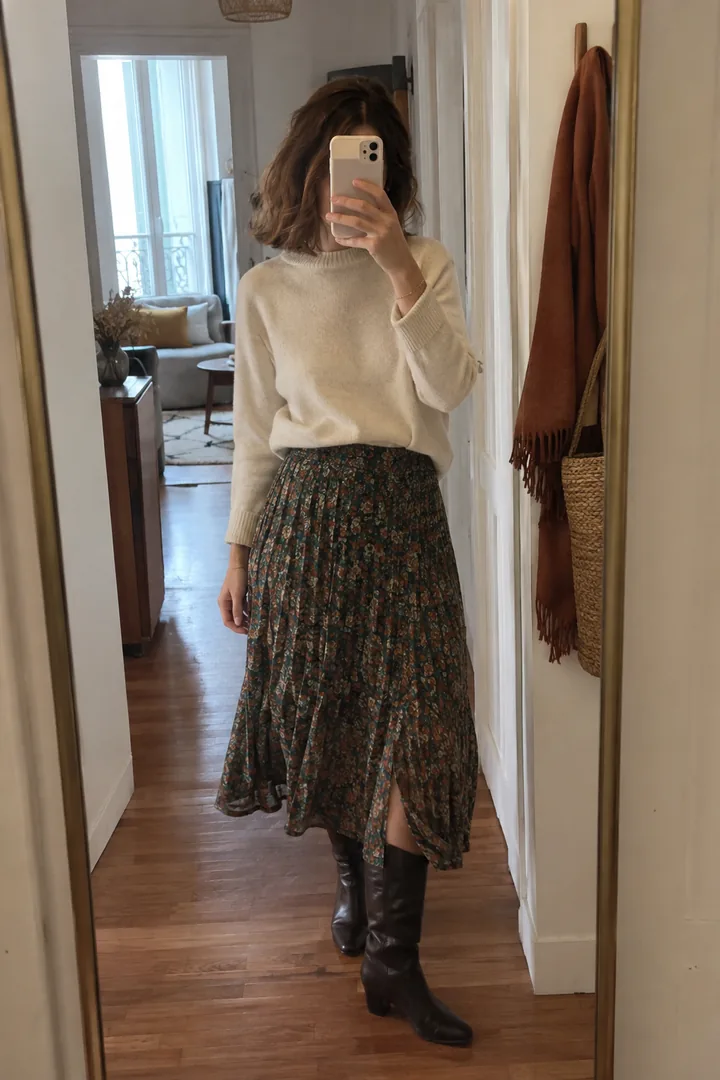 Devant un miroir en pied, une personne en jupe midi imprimée et pull crème tient un téléphone vu de dos.