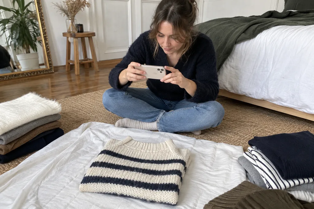 Assise en tailleur sur le sol de sa chambre, une femme photographie avec son téléphone un pull rayé posé à plat sur un drap blanc, entourée de vêtements pliés.