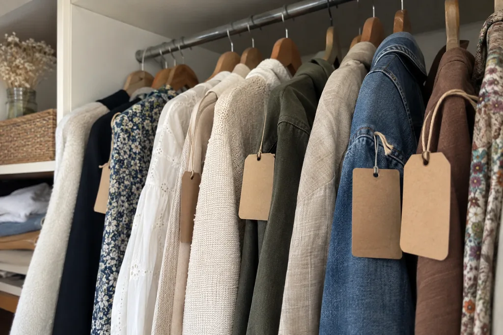 Gros plan sur des vêtements suspendus dans une armoire avec des étiquettes en carton vierges encore attachées.