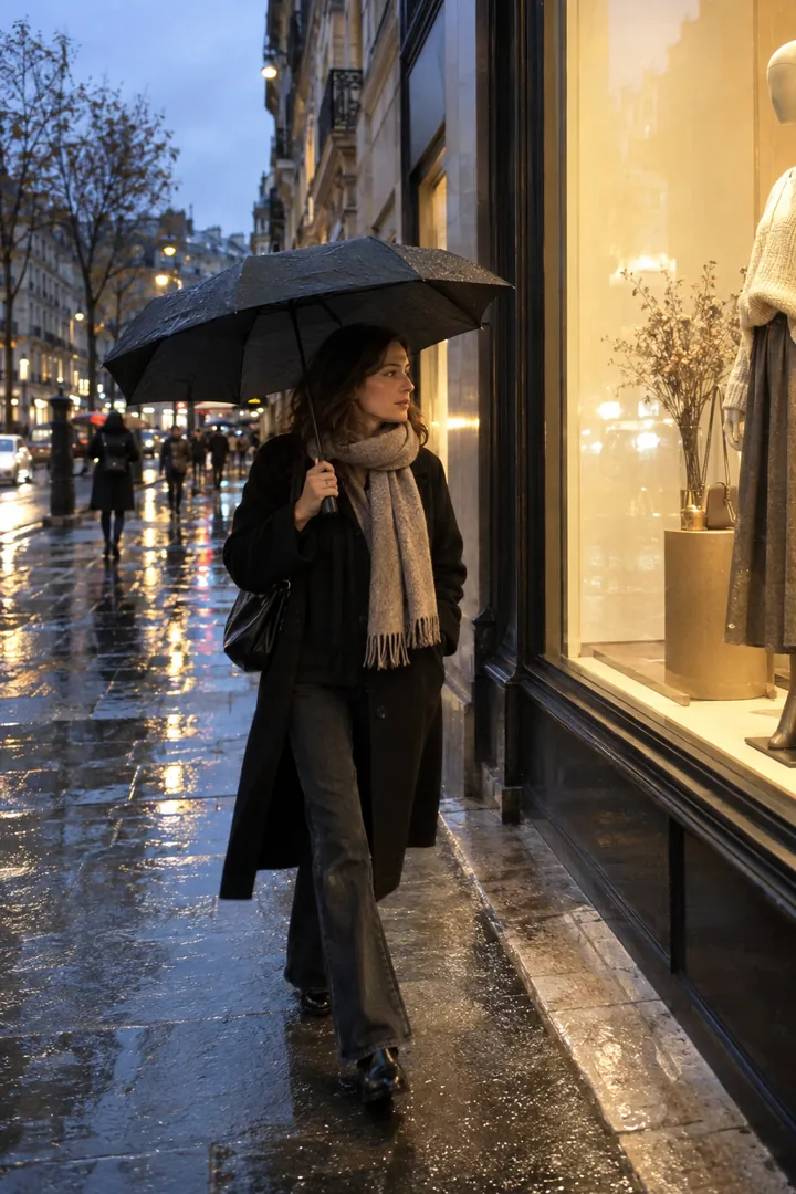 Par un soir de pluie, une femme passe devant la vitrine éclairée d’une boutique de vêtements, parapluie à la main, sans entrer.