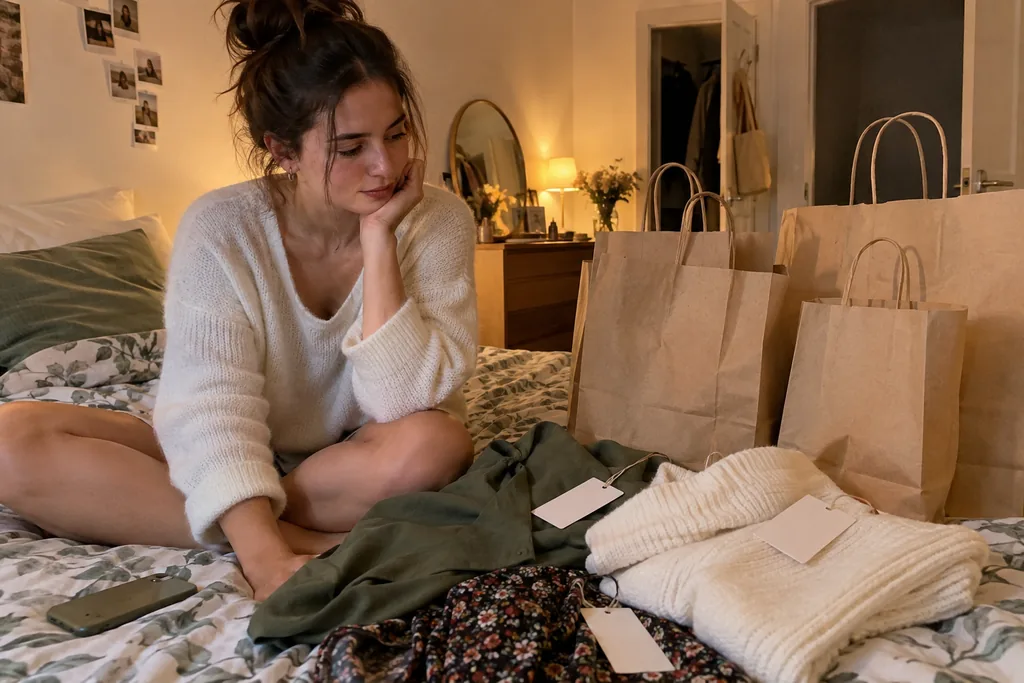 Le soir, assise sur son lit, une jeune femme regarde pensivement une pile de sacs en papier sans logo et des vêtements neufs encore étiquetés.