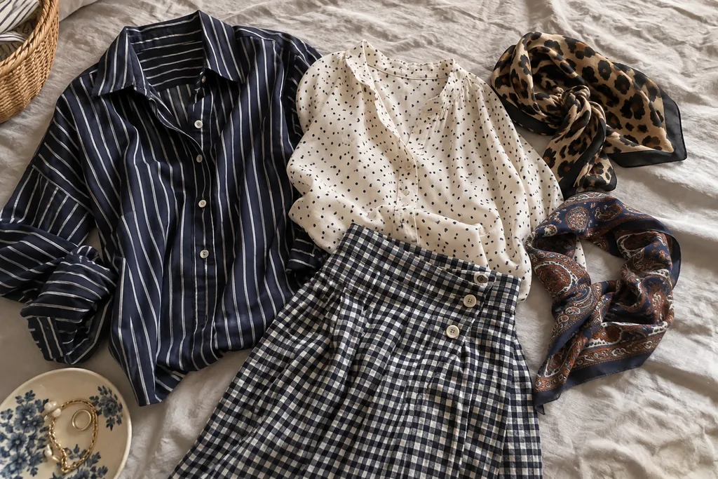 Sur un drap de lin, une chemise à rayures marine, un chemisier à petits pois, une jupe en vichy, un foulard léopard et un carré de soie paisley.
