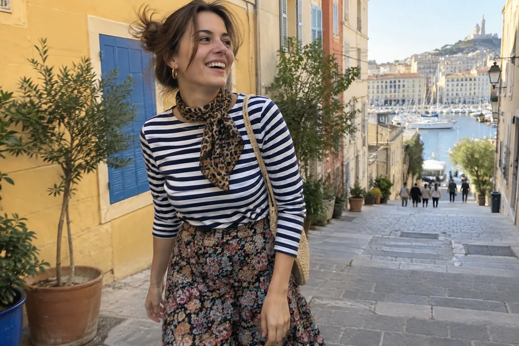 Dans une rue colorée de Marseille, une jeune femme en marinière rentrée dans une jupe midi fleurie, un foulard léopard noué au cou, éclate de rire.