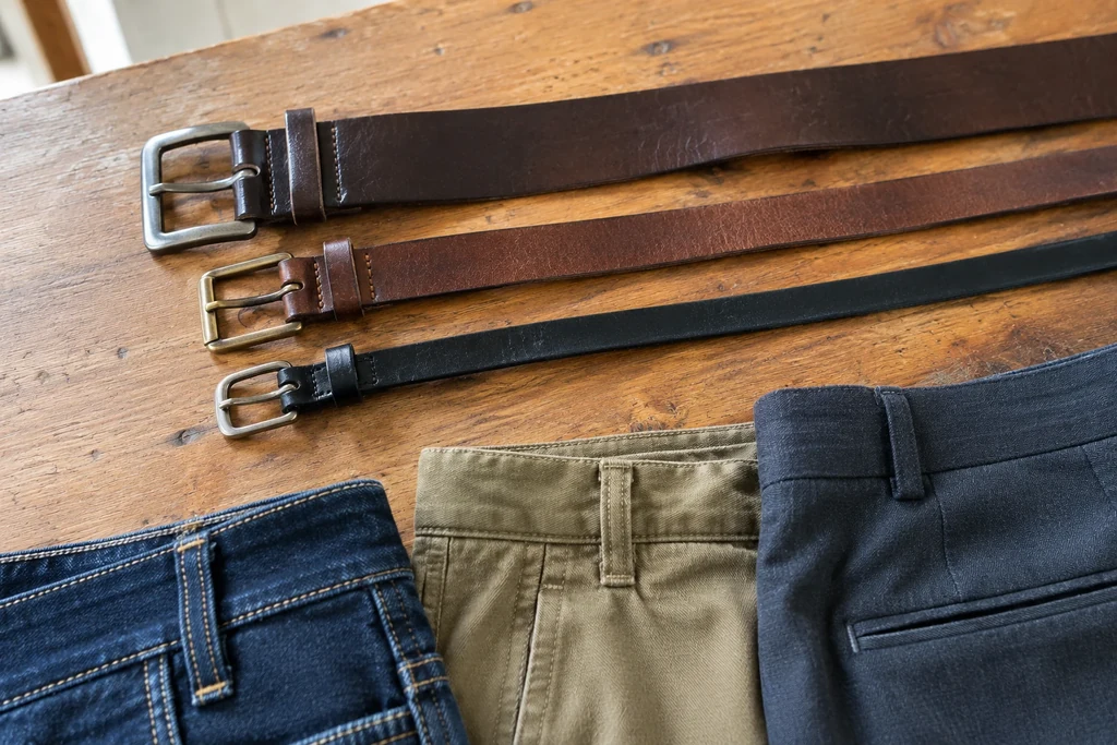 Trois ceintures de largeurs différentes sont posées près des passants d’un pantalon sur une table.