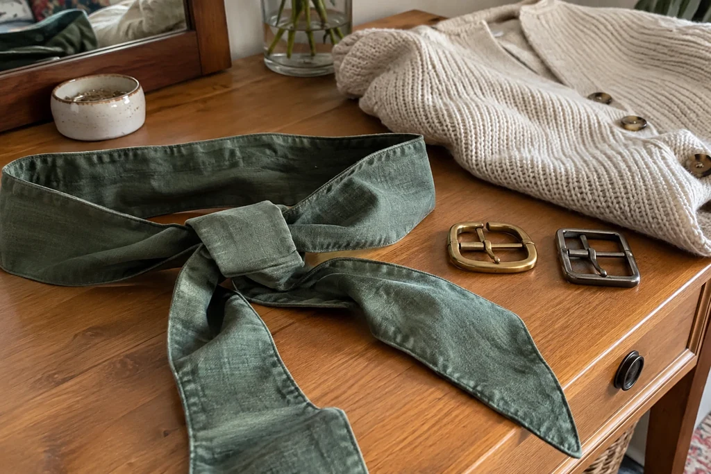 Une ceinture en tissu est posée près d’un cardigan et de deux boucles simples.