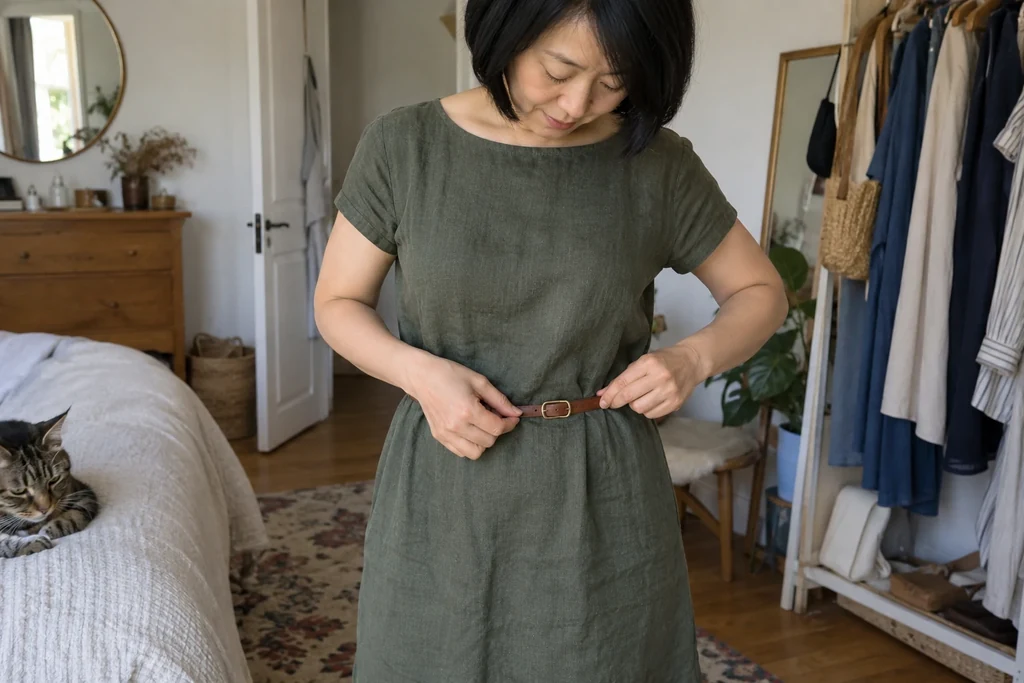 Une femme essaie une ceinture fine sur une robe unie chez elle.