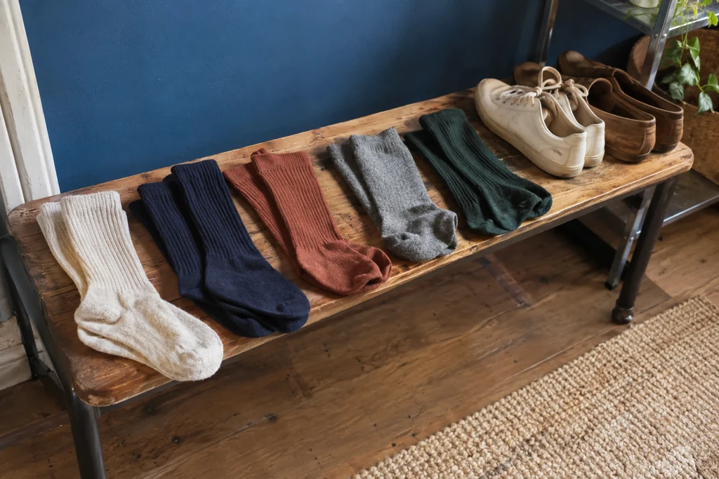 Plusieurs paires de chaussettes unies ou côtelées sont posées près de chaussures basses.