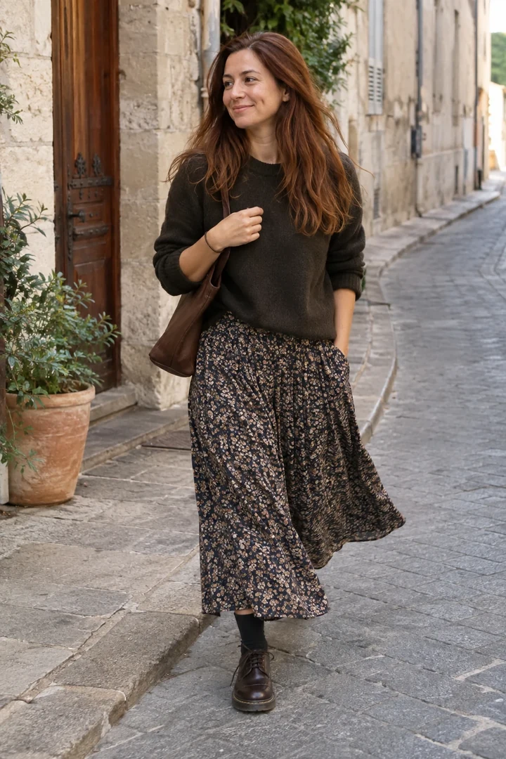 Une femme marche avec une jupe à la cheville, des chaussettes sombres et des chaussures à lacets.