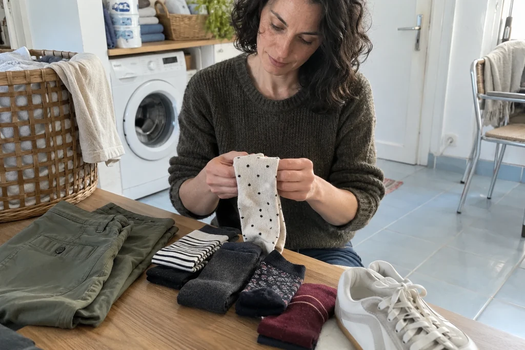 Une personne replie des chaussettes près d’un pantalon et de baskets dans un coin de rangement.
