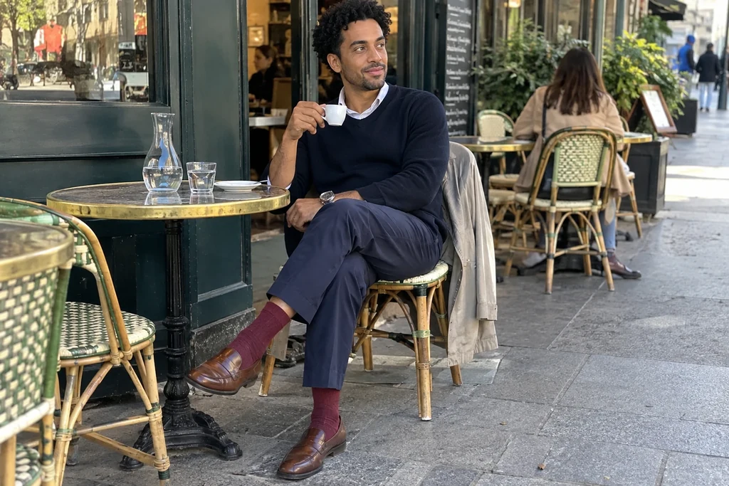 Un homme assis en terrasse porte un pantalon marine, des chaussettes bordeaux et des mocassins marron.