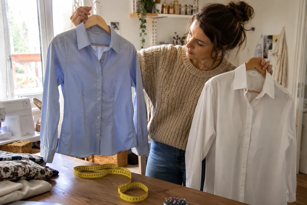 Une femme compare une chemise bleue cintrée et une chemise blanche plus droite sur leurs cintres.