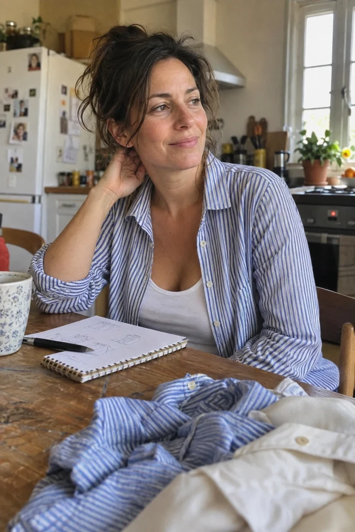 Une femme est assise à sa table de cuisine avec une chemise rayée ouverte sur un débardeur blanc opaque.