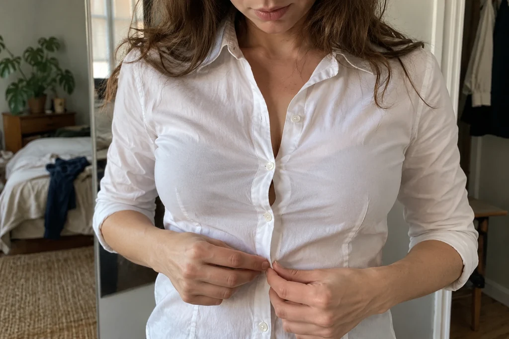 Une femme observe de près les boutons d’une chemise blanche présentant une tension sur le devant.