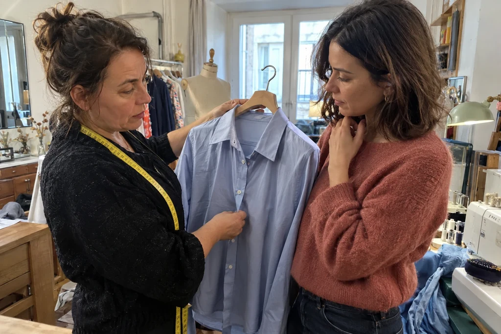 Deux femmes examinent une chemise bleue sur cintre dans un atelier de retouche.