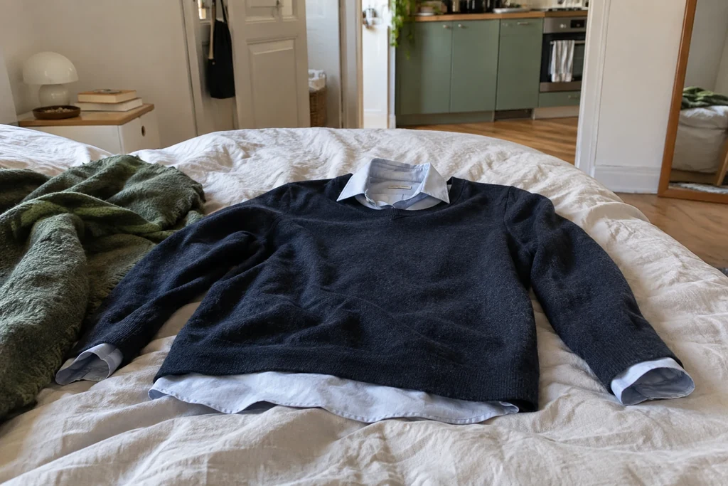 Une chemise claire et un pull fin sont posés sur un lit, leurs encolures visibles.