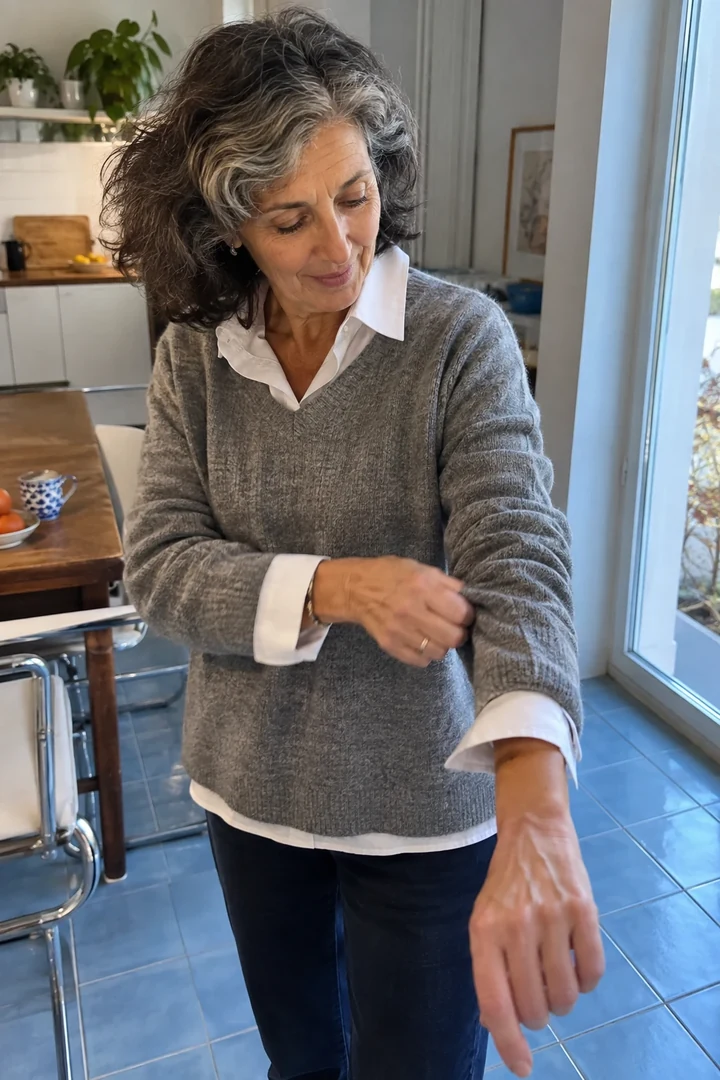 Une femme en pull gris sur une chemise blanche vérifie ses manches près d’une fenêtre.