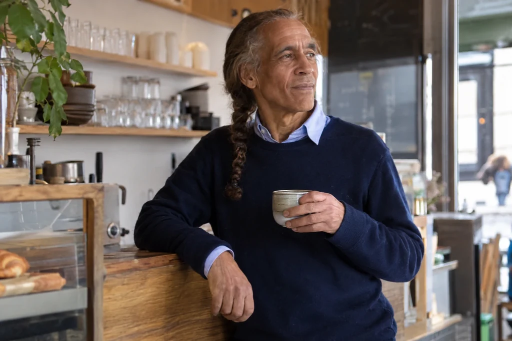 Un homme porte une chemise bleu clair sous un pull bleu foncé près du comptoir d’un café.