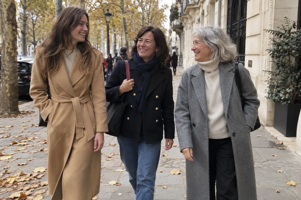 Trois femmes de générations différentes marchent sur une avenue parisienne en automne, en manteau portefeuille camel, en caban marine et en long manteau gris droit.
