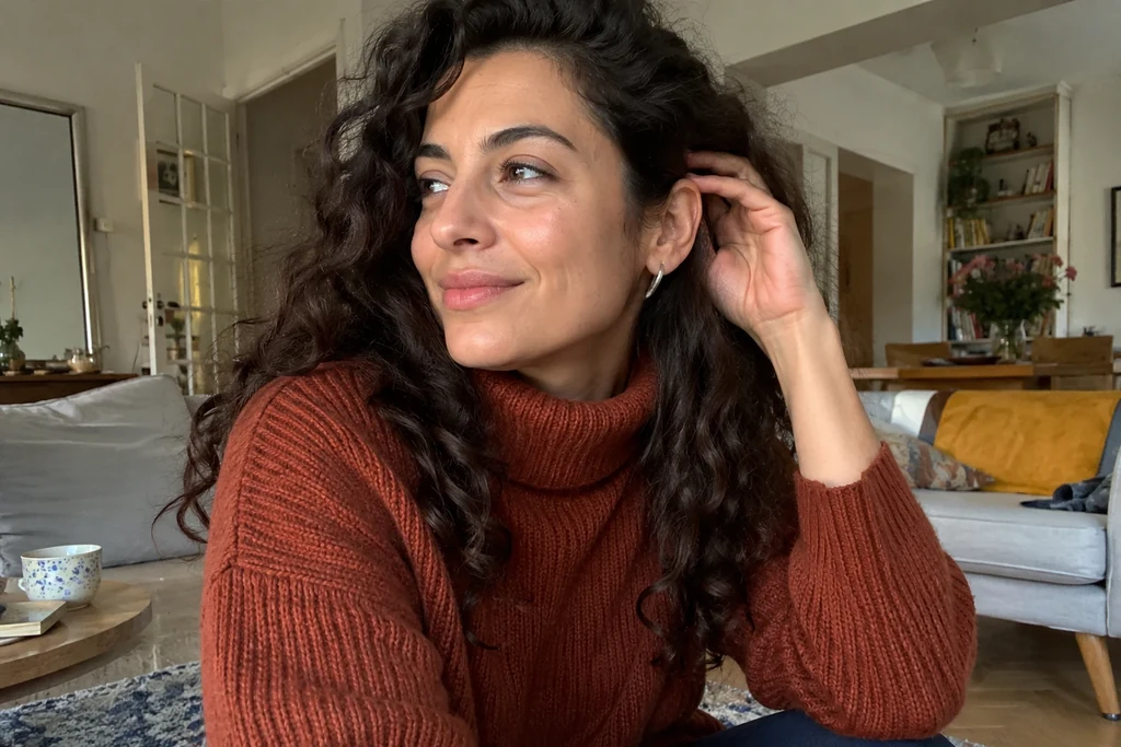 Une femme en col roulé rouille et petites boucles d’oreilles remet ses cheveux en place.