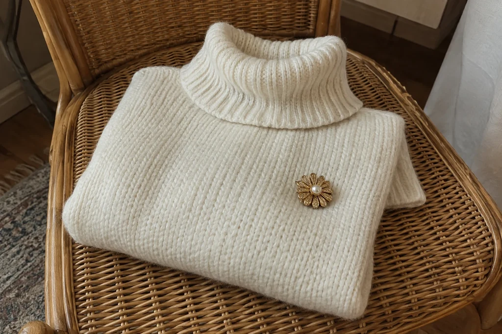 Un col roulé épais écru plié porte une broche en forme de fleur sur une chaise en rotin.