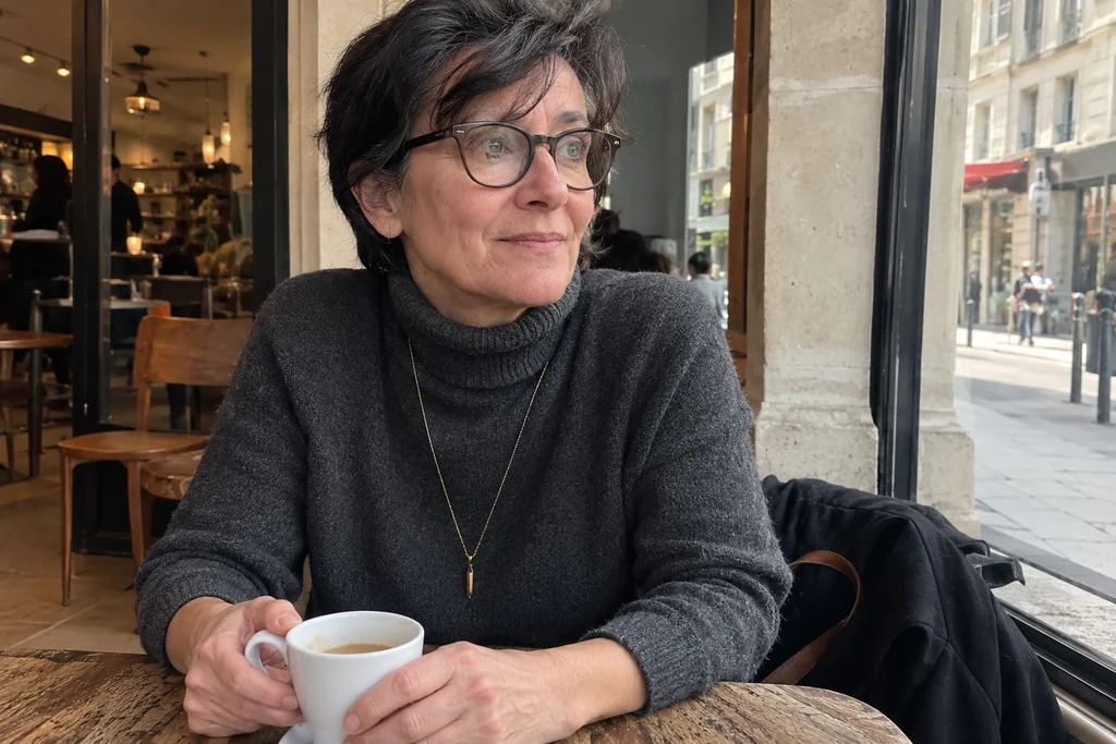 Une femme porte un col roulé sombre et un pendentif simple à une table de café.
