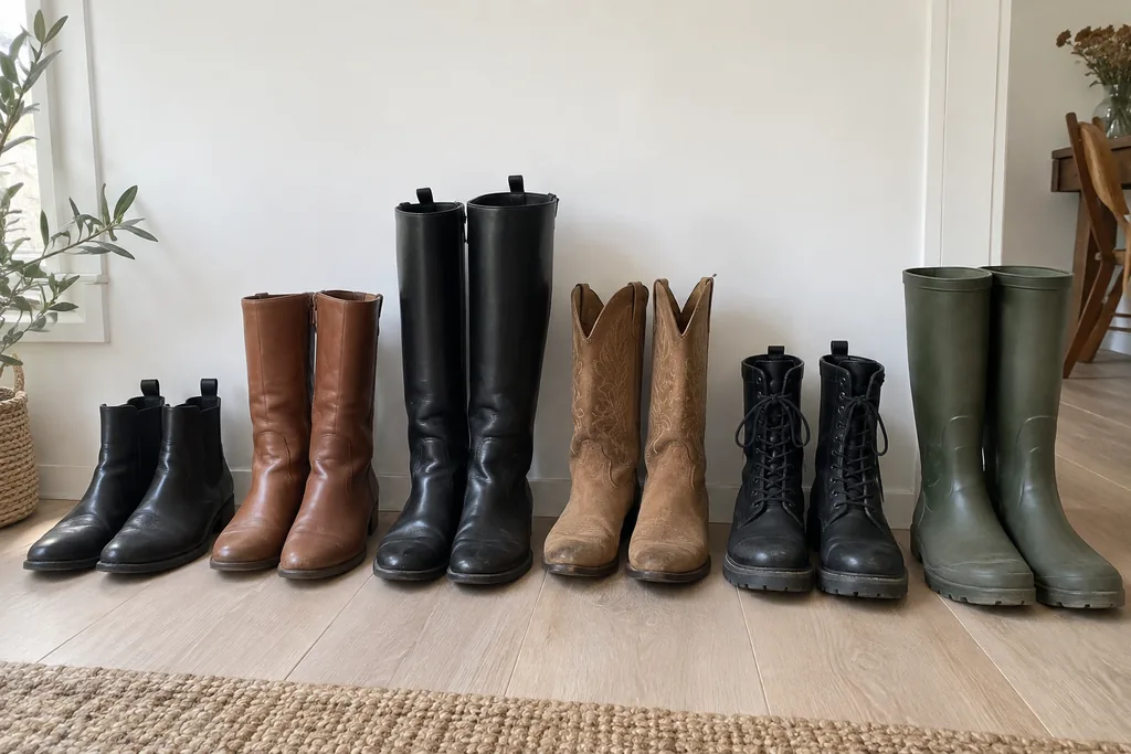 Six paires de bottes alignées contre un mur blanc : chelsea noires, bottes mi-mollet cognac, cavalières noires, santiags fauves, boots à lacets noires et bottes de pluie vertes.