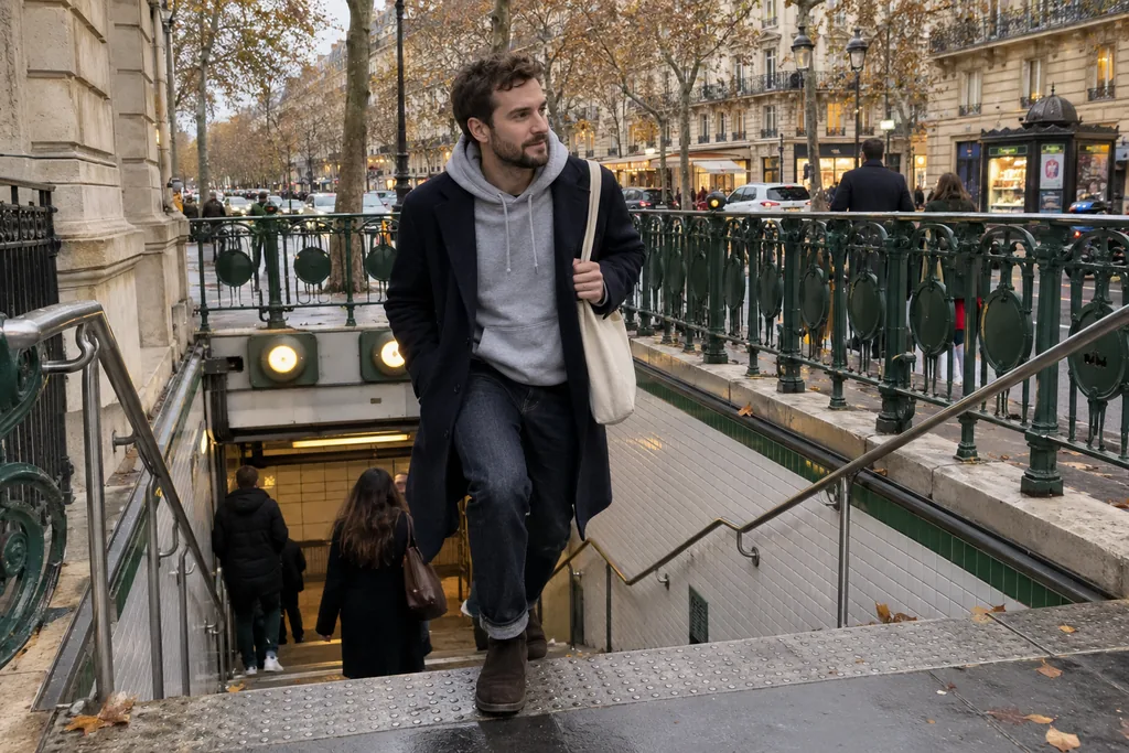 Un homme barbu monte l’escalier d’une bouche de métro parisienne en chelsea en daim marron, jean brut à petit revers, sweat gris et manteau marine.