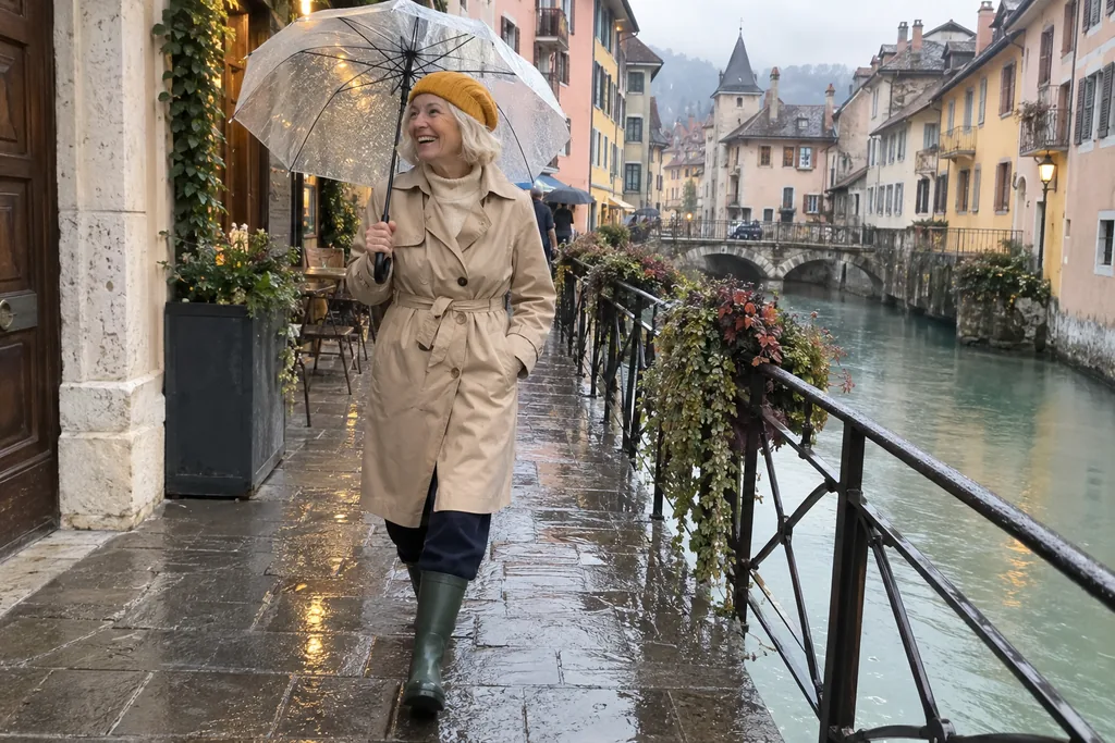 Une femme aux cheveux blancs rit sous la pluie dans une rue d’Annecy, en bottes de pluie vert sapin, pantalon marine rentré, trench beige et bonnet moutarde.