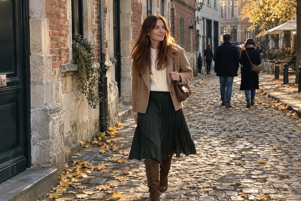 Une femme aux longs cheveux auburn marche sur des pavés de Lille en bottes hautes en daim marron, jupe midi plissée vert sapin, pull torsadé crème et veste camel.
