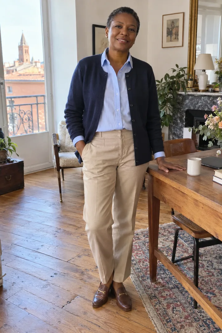 Femme portant un cardigan marine ouvert sur une chemise bleu clair avec un pantalon beige et des mocassins marron.