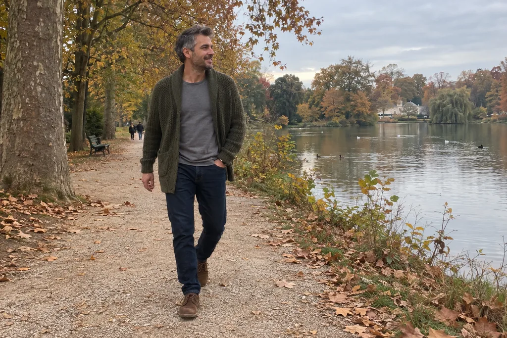 Homme en cardigan épais olive ouvert sur un tee-shirt gris, jean foncé et chaussures marron dans un parc.