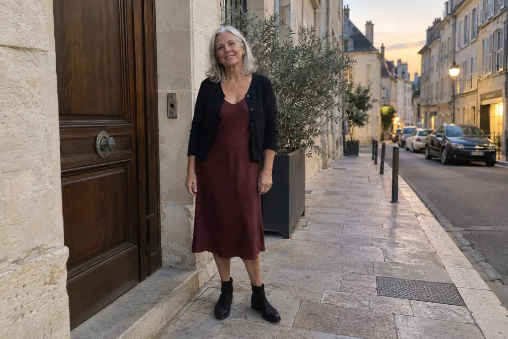 Femme aux cheveux gris portant un cardigan noir court sur une robe bordeaux avec des bottines noires.