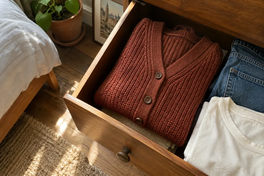 Cardigan rouille plié dans un tiroir en bois à côté d’un jean et d’un tee-shirt écru.