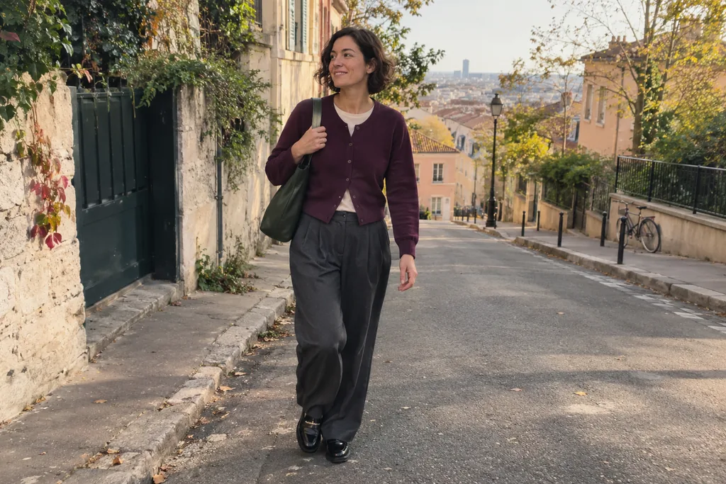 Femme aux cheveux courts portant un cardigan prune boutonné, un pantalon gris large et des mocassins noirs dans une rue.